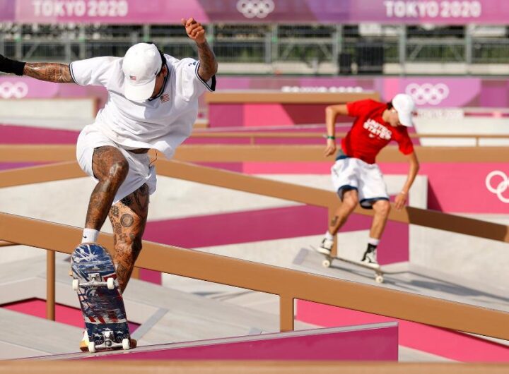 Nyjah Huston (left) and Jagger Eaton (right) of Team United States practice on the skateboard street course ahead of the Tokyo Olympic Games.