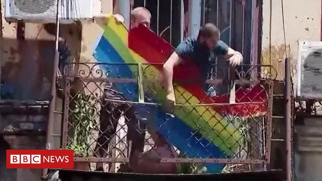Rainbow flags burned by far-right protesters in Georgia